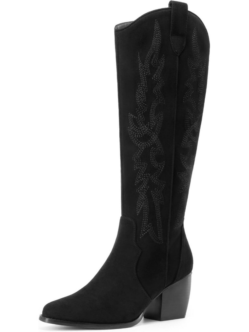 Women's All Black Wide Calf Zipper Chunky Heel Western Cowgirl Knee High Boot